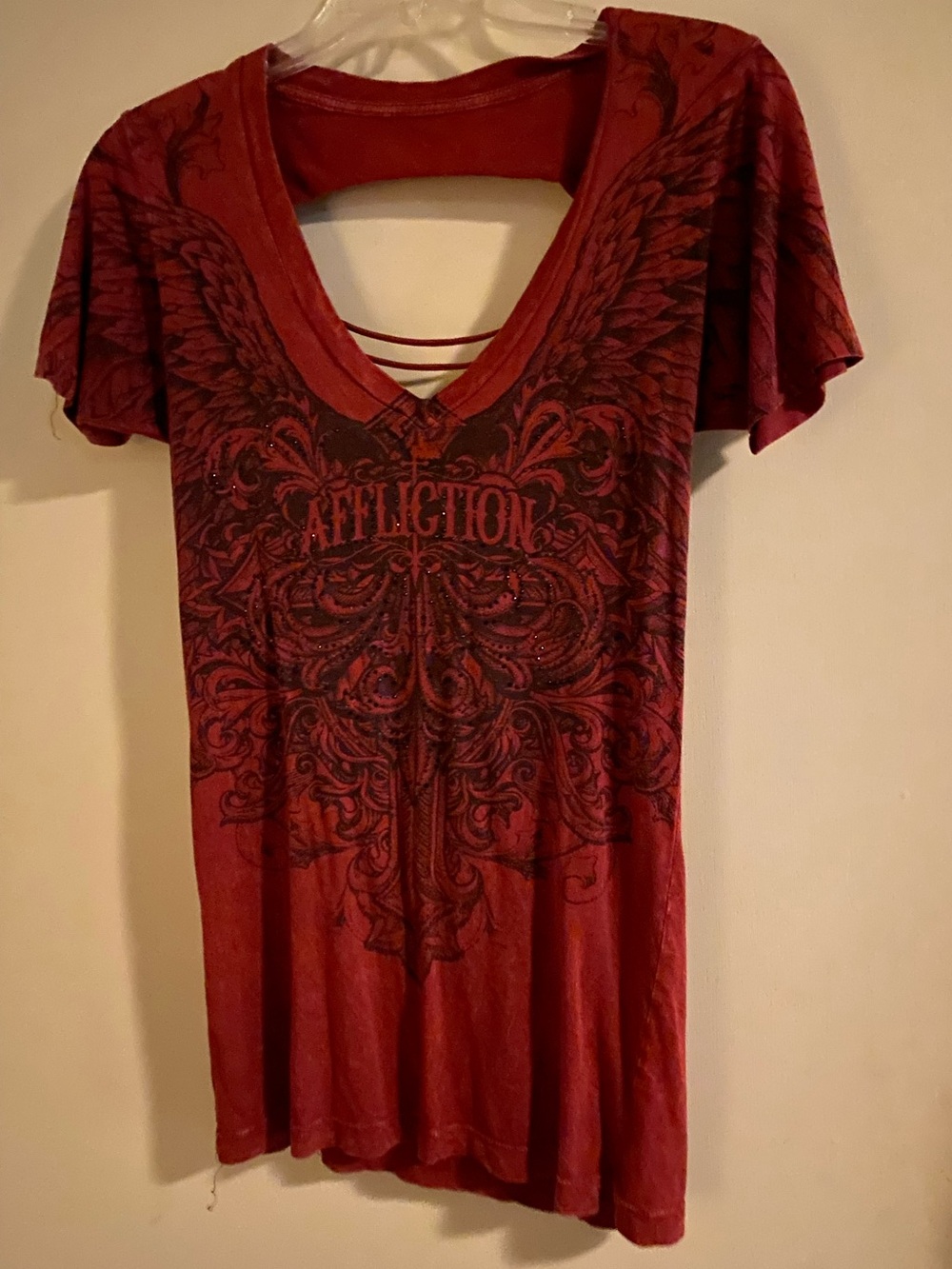 Affliction Women's Red Graphic V-Neck Back-Strap Tee